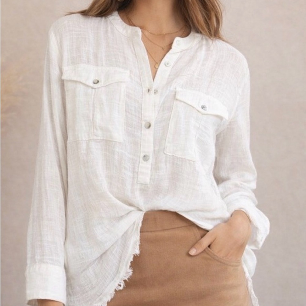 Free People Oversized Talk To Me  White Gauze Shirt - Picture 2 of 6